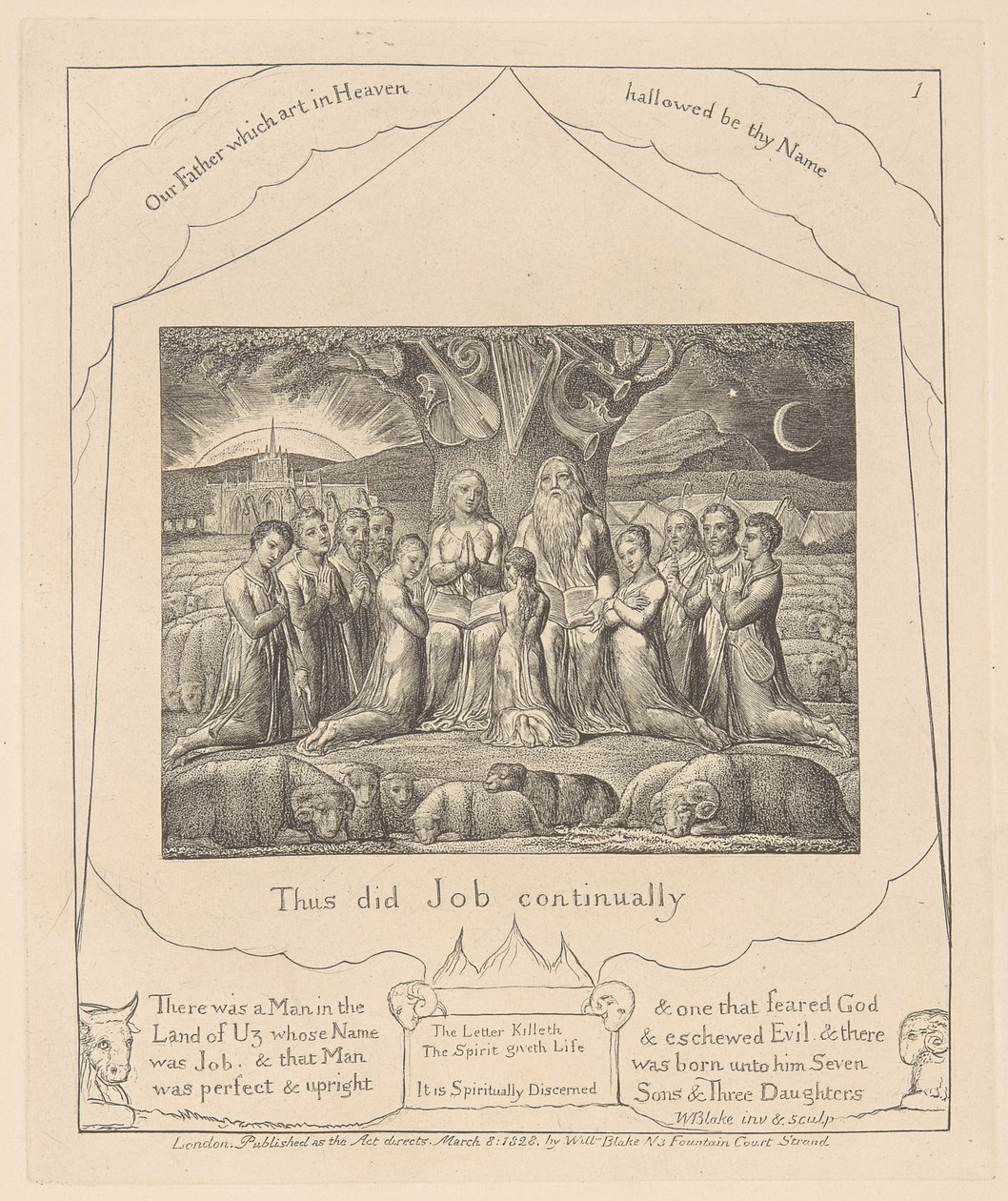 Księga Hioba, płyta 1, Hiob i jego rodzina autorstwa William Blake