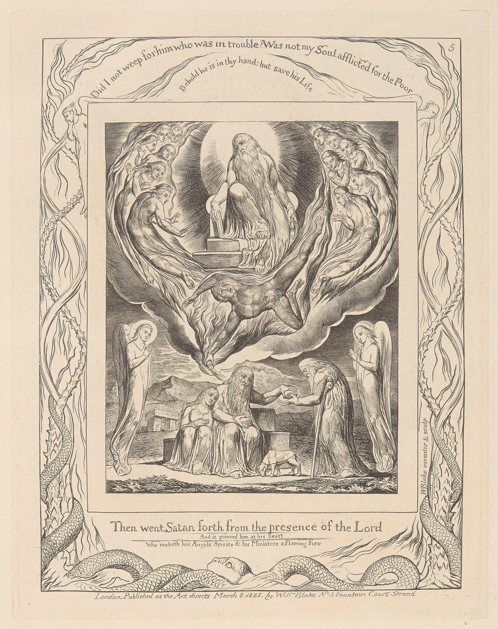 Księga Hioba, płyta 5, szatan wychodzący z obecności Pana i miłosierdzie Hioba autorstwa William Blake