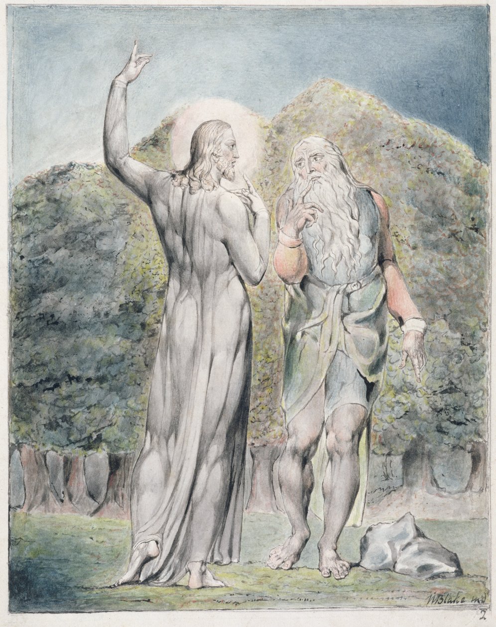 Chrystus kuszony przez szatana, by zamienić kamienie w chleb, ilustracja z „Raju odzyskanego” Johna Miltona, ok. 1816-18 (pióro i atrament, szare pranie i toaleta na papierze) autorstwa William Blake