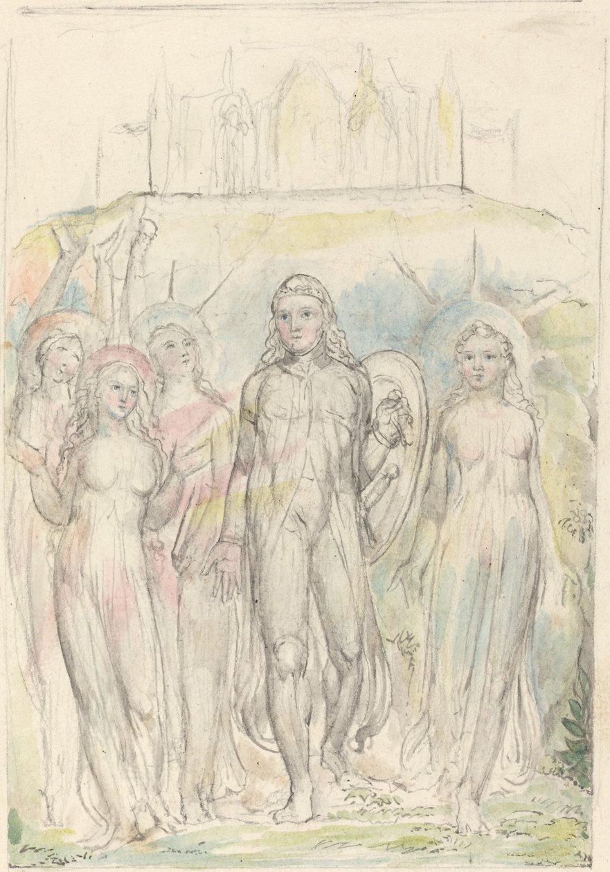 Chrześcijanin z tarczą wiary, żegnający się ze swymi towarzyszami autorstwa William Blake