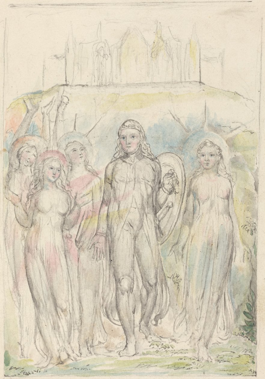 Christian z tarczą wiary, żegnający się ze swymi towarzyszami autorstwa William Blake