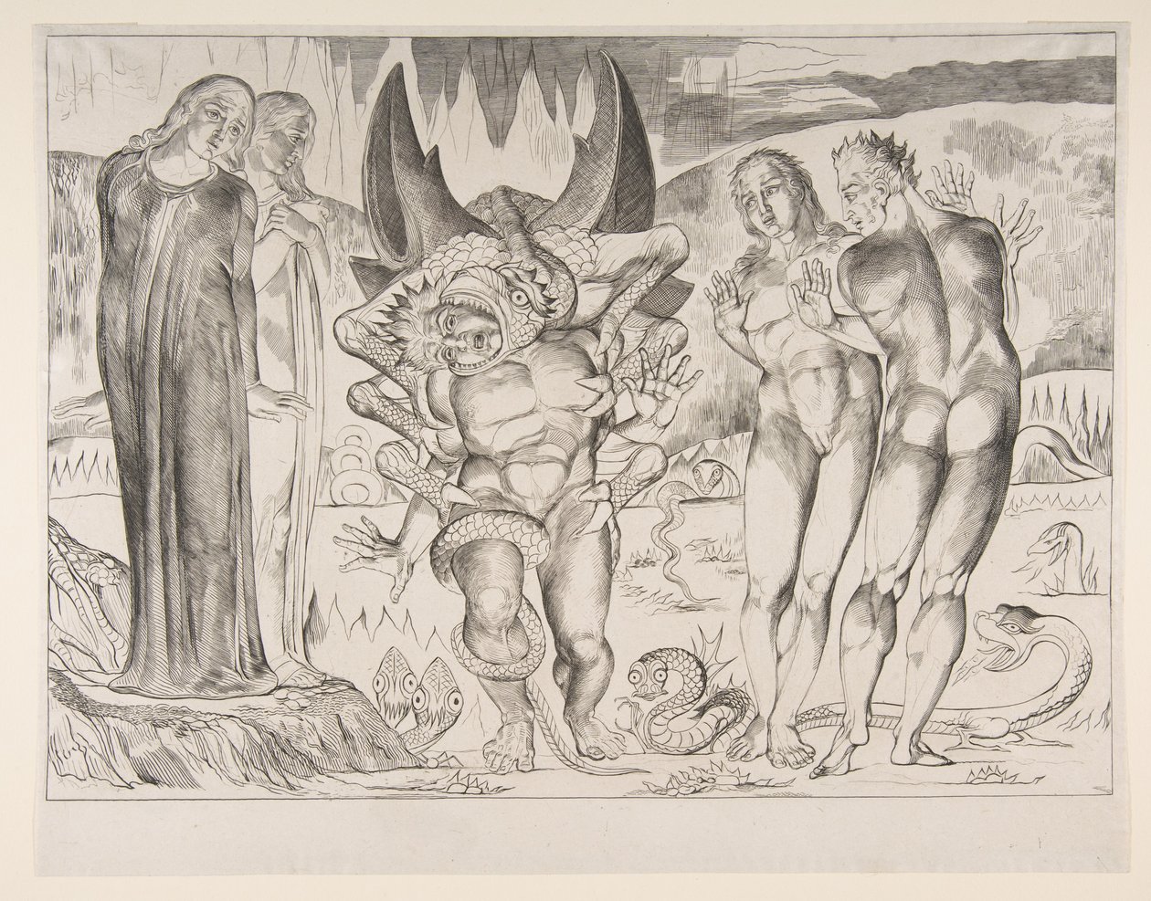 Krąg złodziei: Agnello Brunelleschi zaatakowany przez sześcionogiego węża, z Dan..., ca. 1825-27. autorstwa William Blake