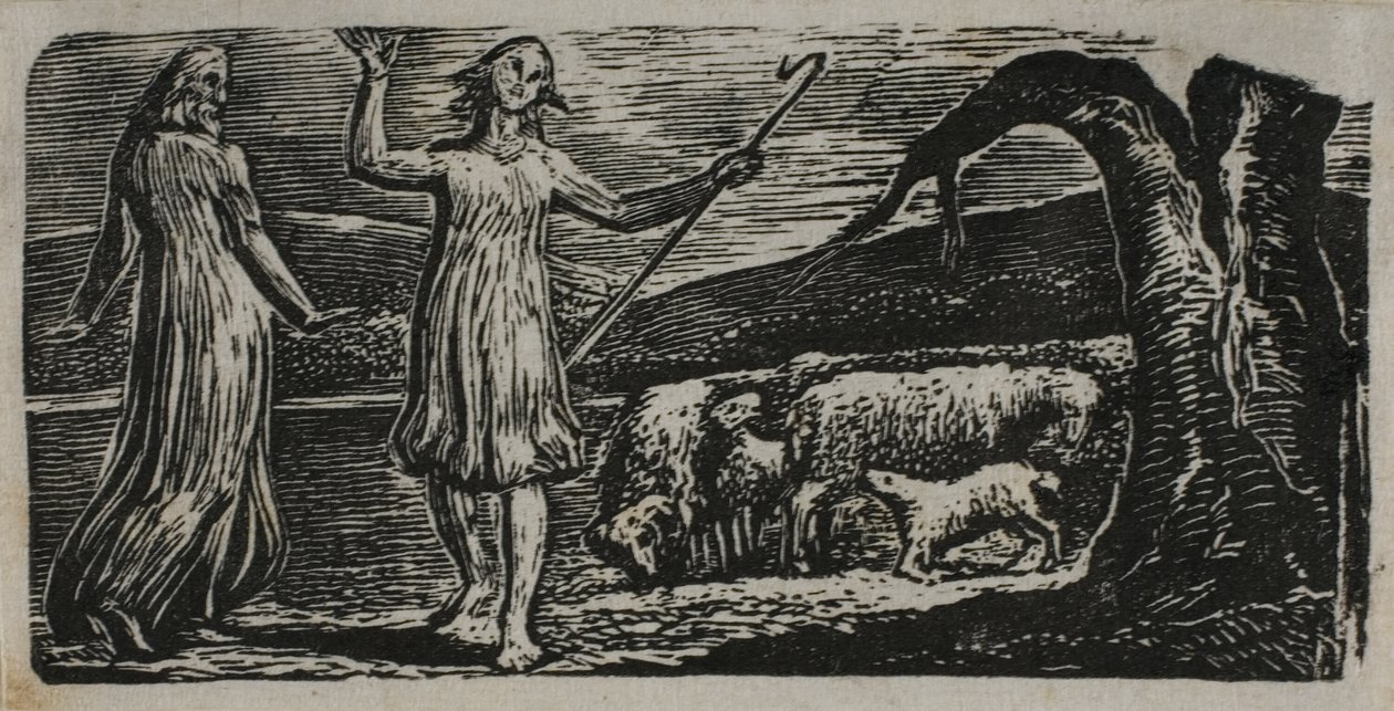Colinet odchodzi w smutku: Riven Trunk po prawej, z Pastorals of Virgil autorstwa William Blake