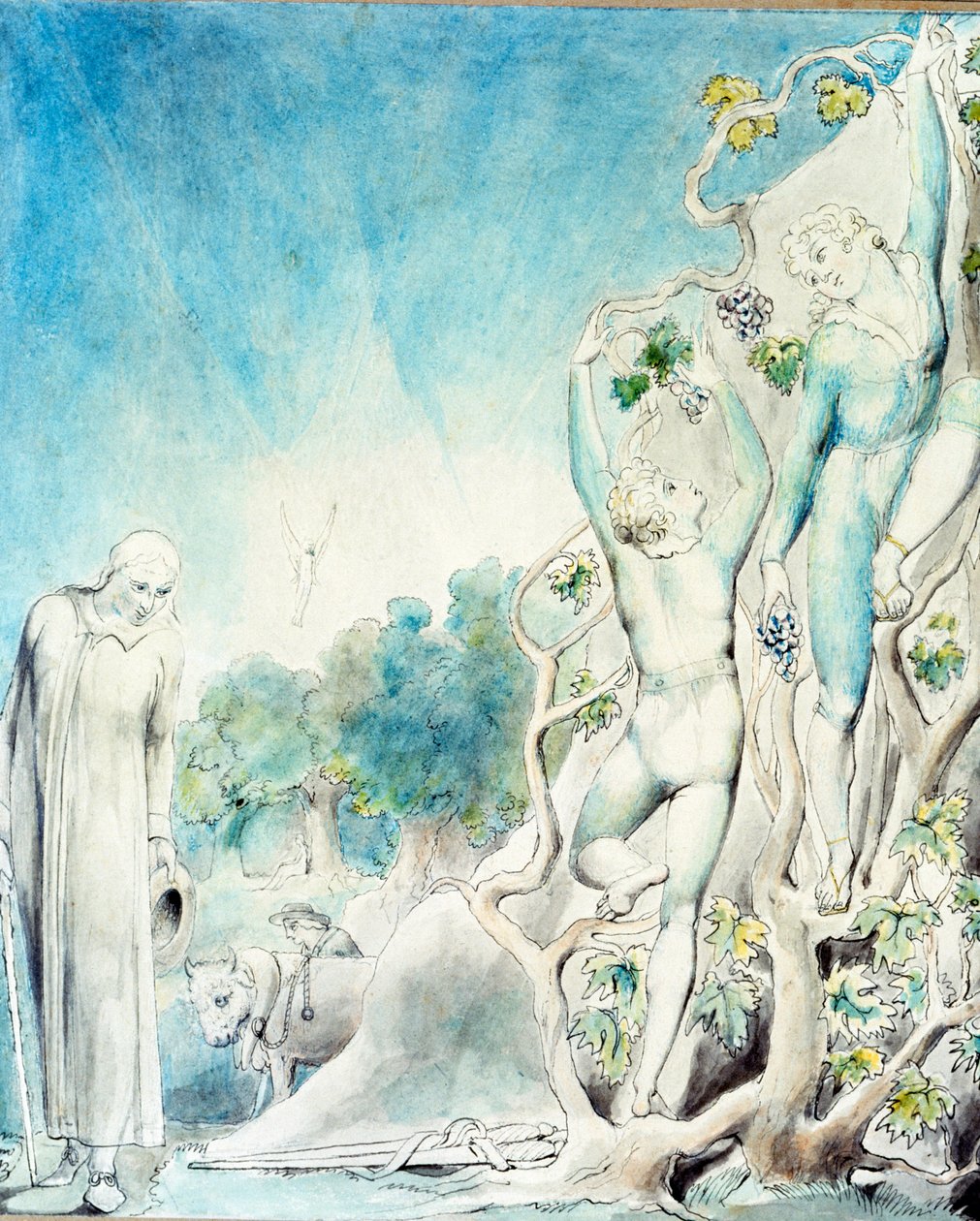 Comus spotyka jednego z braci zajętych zbieraniem owoców, aby nakarmić Lady. XIX wiek (akwarela) autorstwa William Blake