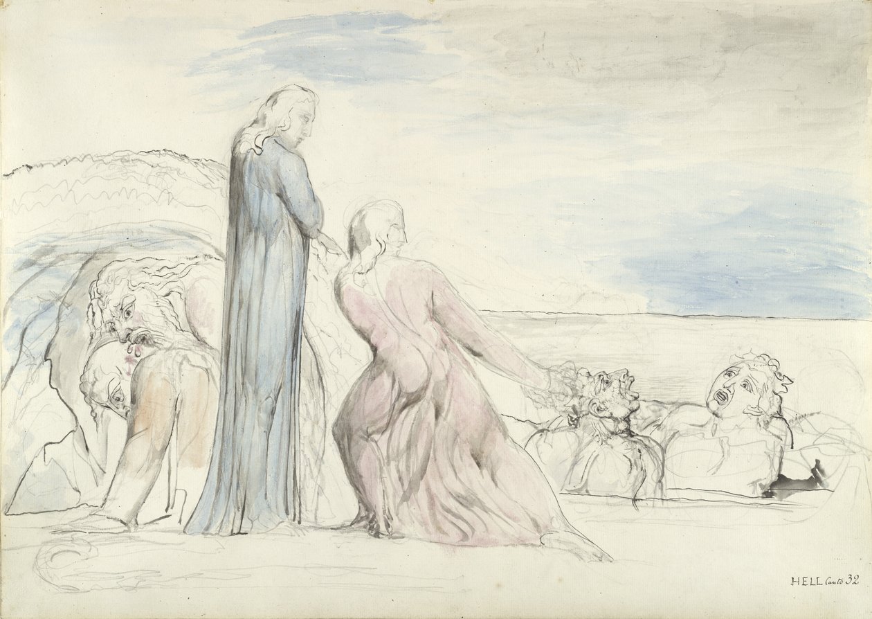 Dante chwyta zdrajcę Bocca za włosy, ilustracja do „Boskiej komedii” Dantego Alighieri autorstwa William Blake