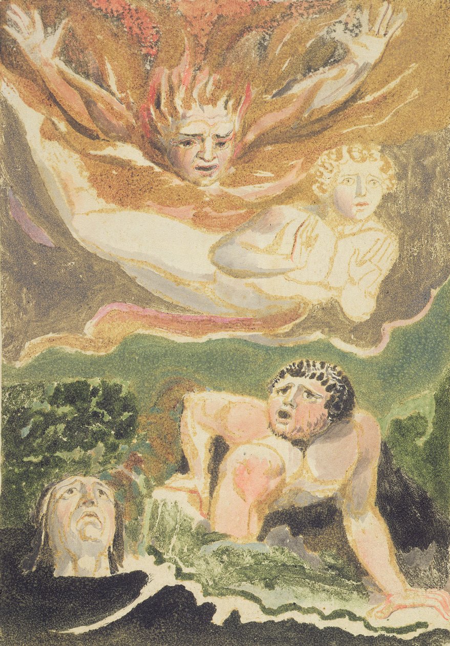 Czterech nagich mężczyzn wyłaniających się z żywiołów, płyta 4 z „Pierwszej księgi Urizena”, 1794 (drukowana kolorowo płaskorzeźba akwaforta tuszem i wc) autorstwa William Blake