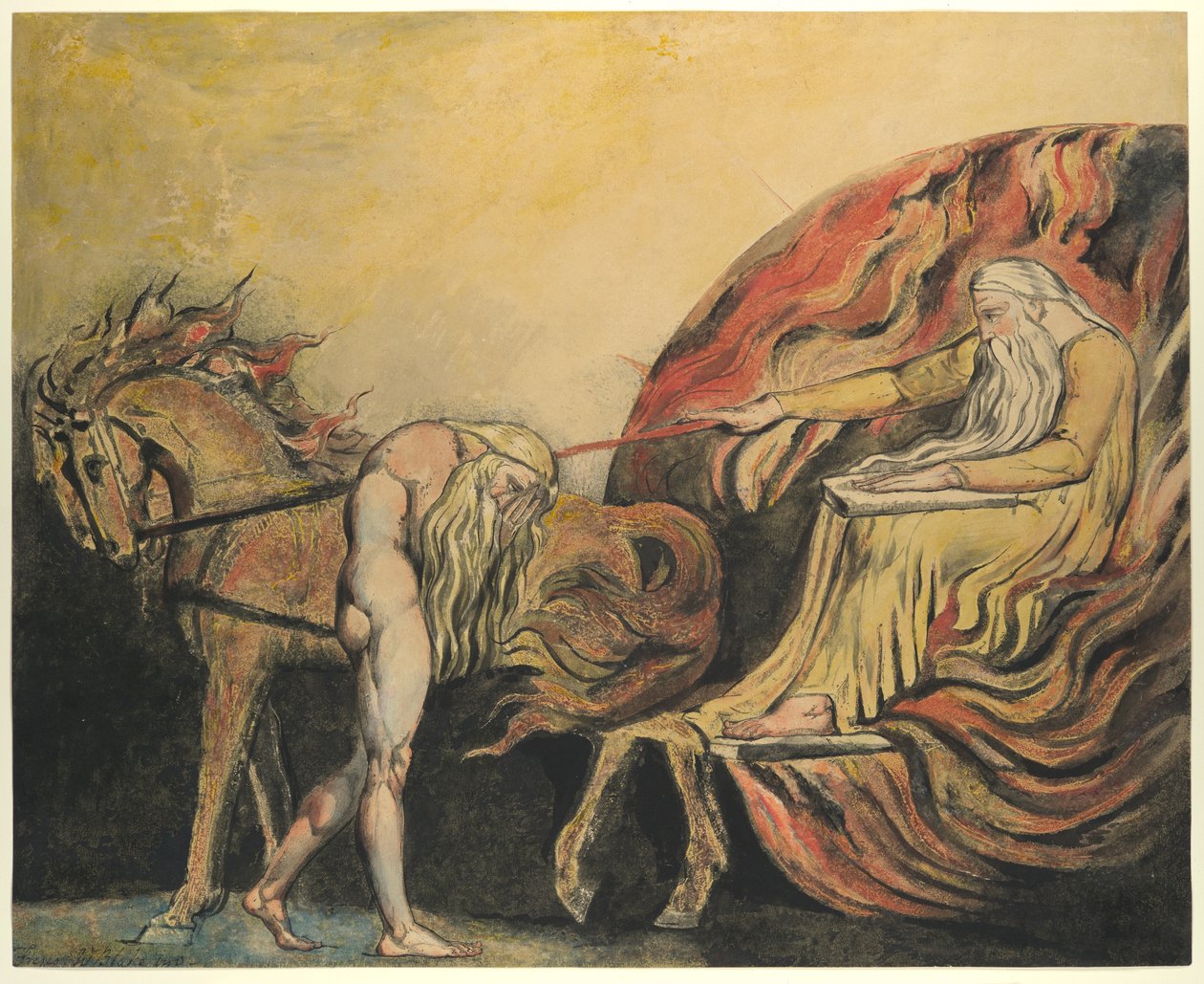 Bóg sądząc Adama, ok. 1795 (kolorowa akwaforta za pomocą pióra, atramentu i akwareli) autorstwa William Blake
