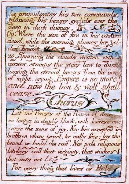 „Ogłasza swoje dziesięć rozkazów…”, tekst z „Wesela Nieba i Piekła”, c.1790-3 (akwaforta wypukła wykończona piórem i akwarelą) autorstwa William Blake