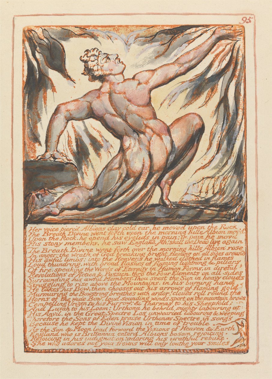 „Jej głos przeszył zimne, gliniane ucho Albionu...” (Tablica 95) autorstwa William Blake