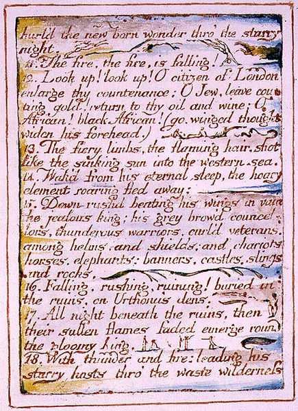 „Rzucił cud nowonarodzony przez gwiaździstą noc”, tekst z „Wesela nieba i piekła”, ok. 1790-3 (akwaforta wypukła wykończona piórem i akwarelą) autorstwa William Blake