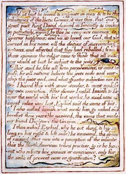 "Nareszcie udowodniono bym, że pochodzę...", tekst i ilustracja z "Wesela niebios", ok. 1790-3 (akwaforta wypukła wykończona piórem i akwarelą) autorstwa William Blake