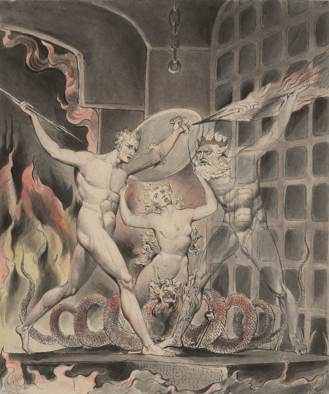 Ilustracja 2 do „Raju utraconego” Miltona: Szatan, grzech i śmierć: Szatan przybywa do bram piekieł, 1807 autorstwa William Blake