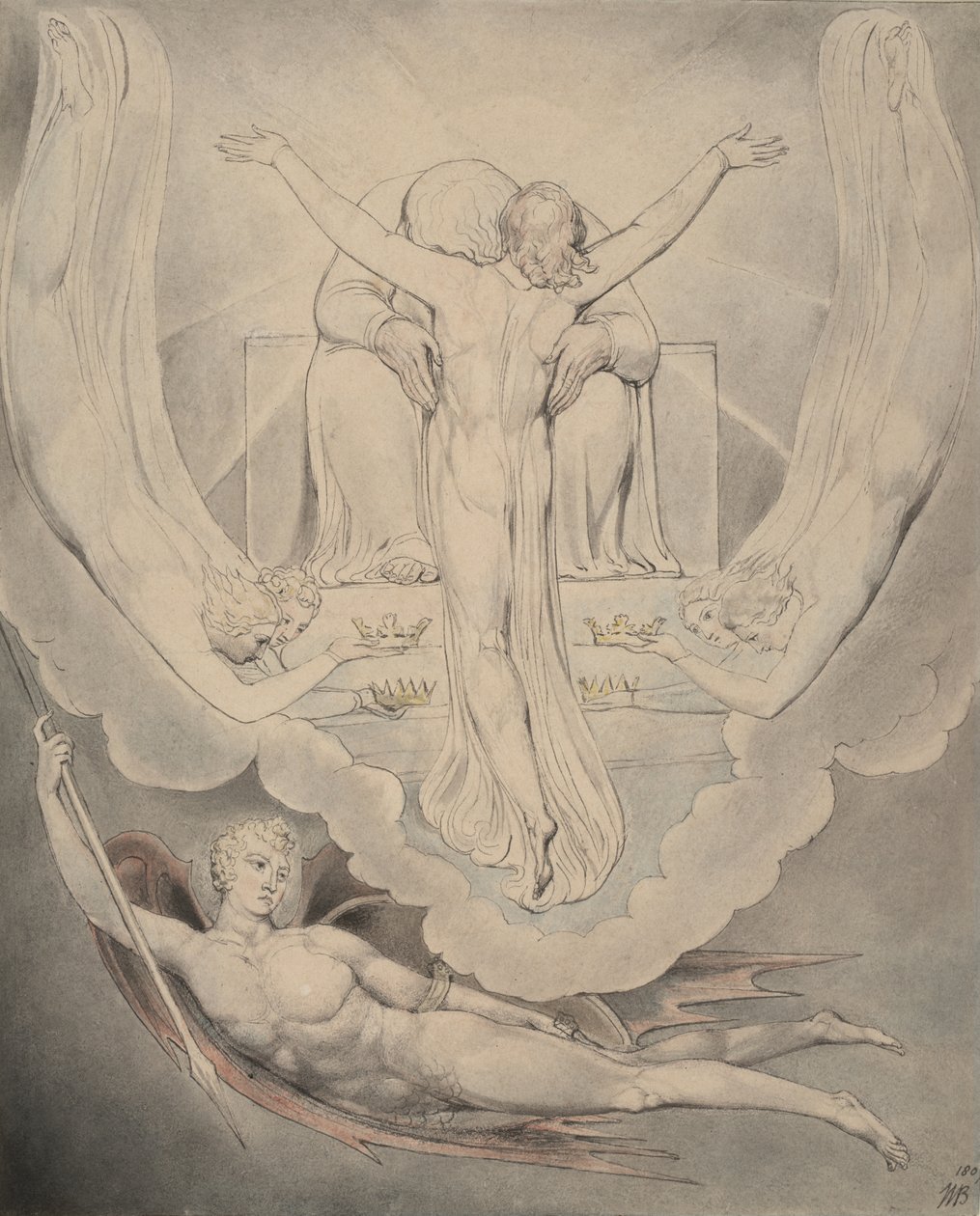Ilustracja 3 do „Raju utraconego” Miltona: Chrystus oferuje odkupienie człowieka, 1807 r. autorstwa William Blake