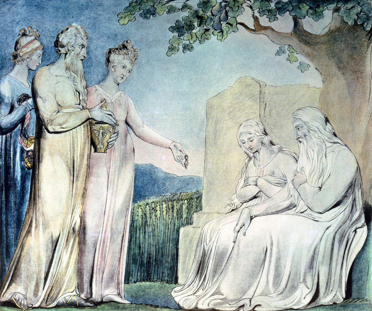 Ilustracje Księgi Hioba; Miłosierdzie przyjmujące pracę, 1825 (długopis, toaleta i ołówek) autorstwa William Blake
