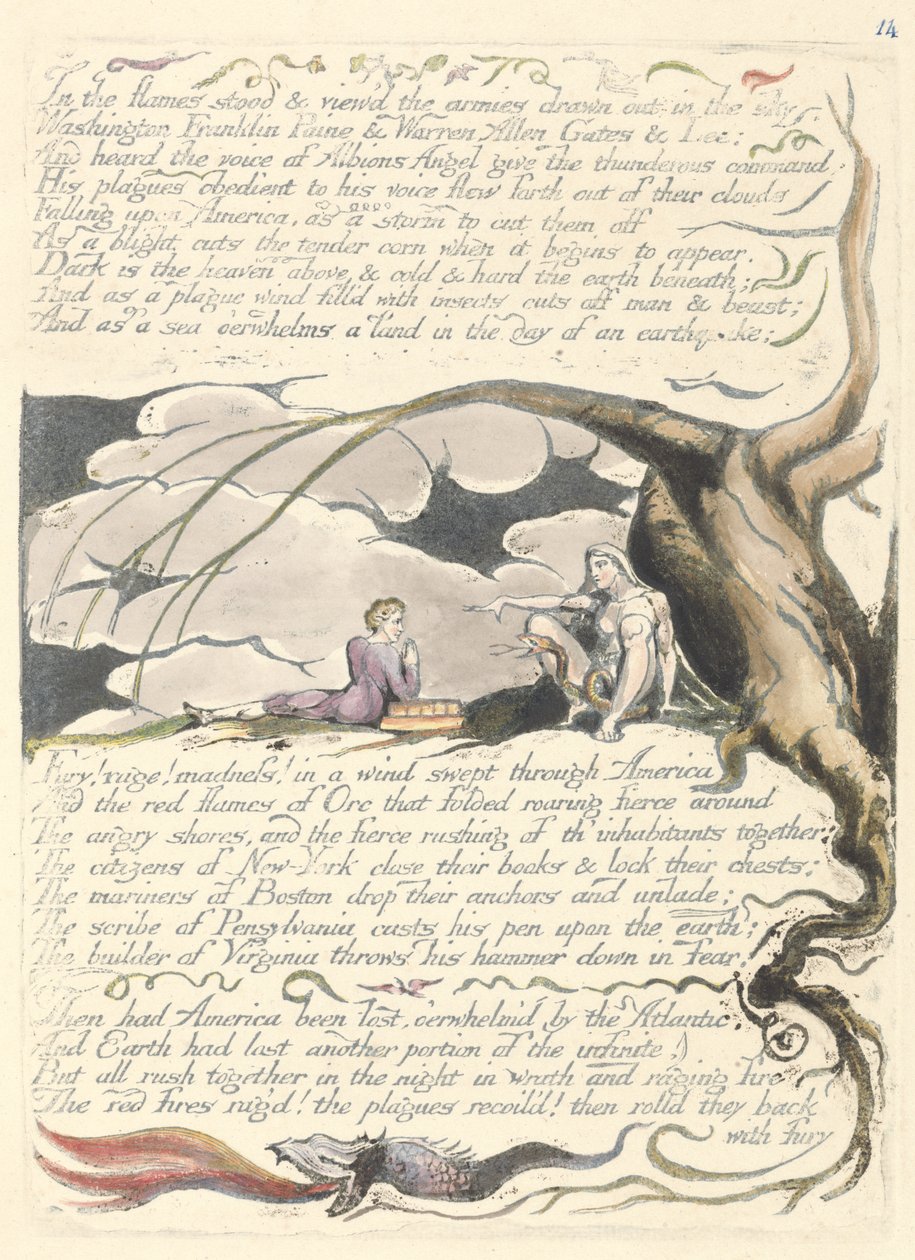 „W płomieniach stał…”, płyta 16 z „Ameryka: Proroctwo” autorstwa William Blake
