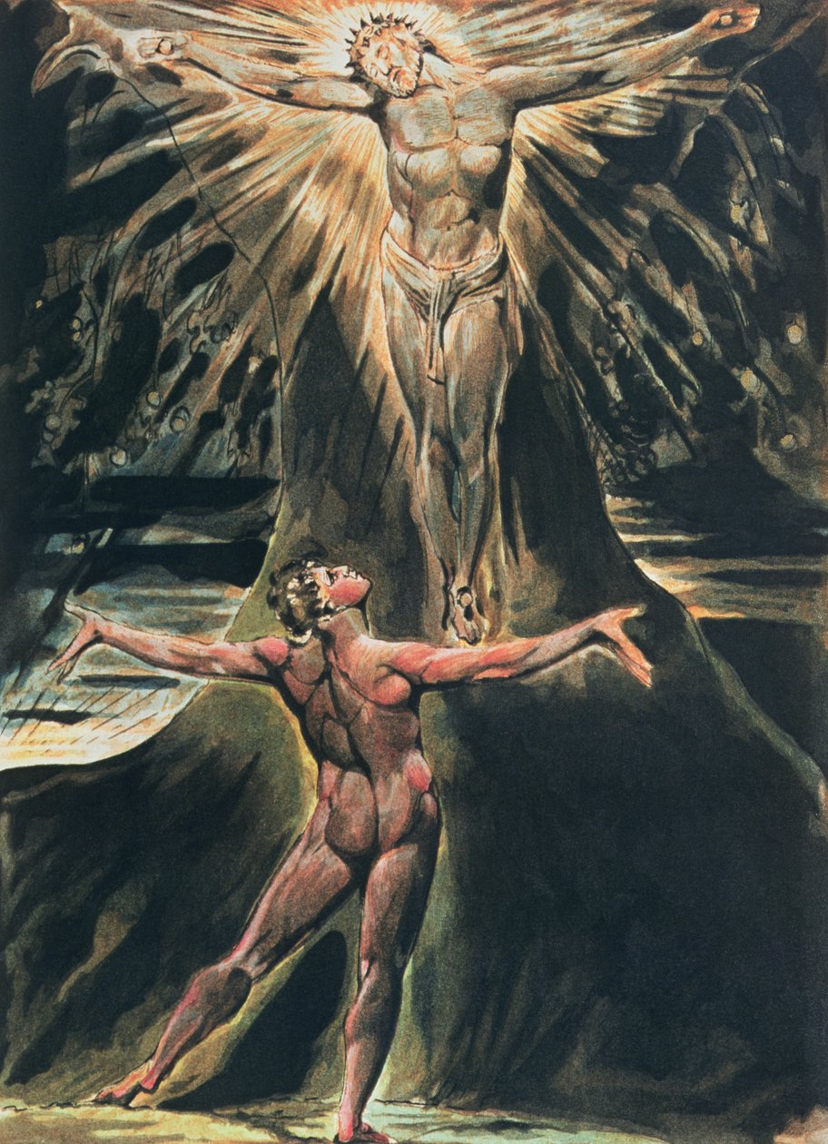 Jerozolima Emanacja Olbrzymiego Albionu; płyta 76 Albion przed Chrystusem ukrzyżowanym na Drzewie Poznania i Dobra i Zła, 1804-20 (akwaforta reliefowa zakończona wc) autorstwa William Blake