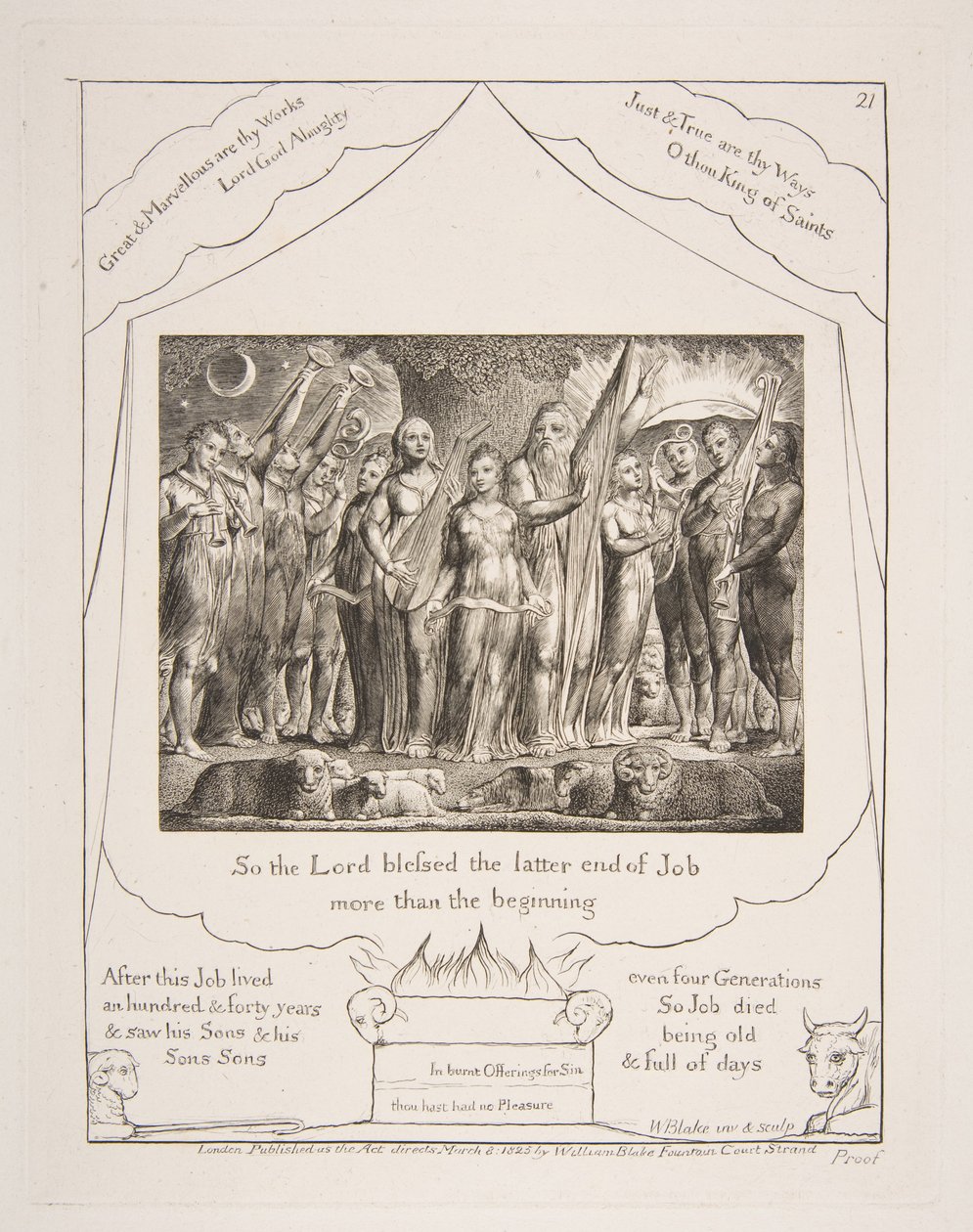 Hiob i jego żona przywróceni do dobrobytu, z ilustracji Księgi Hioba, 1825-26. autorstwa William Blake