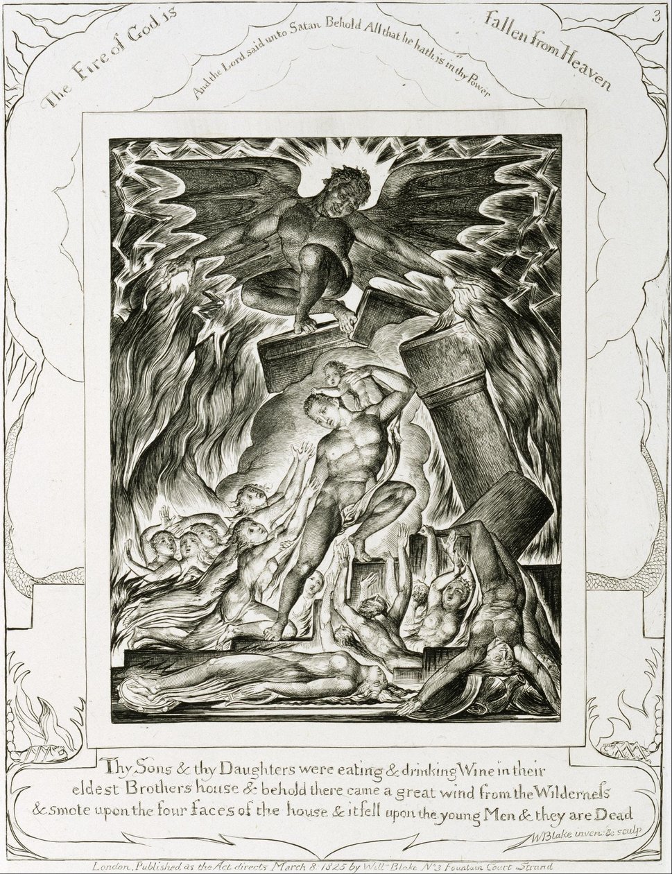Synowie i córki Hioba pokonani przez szatana autorstwa William Blake
