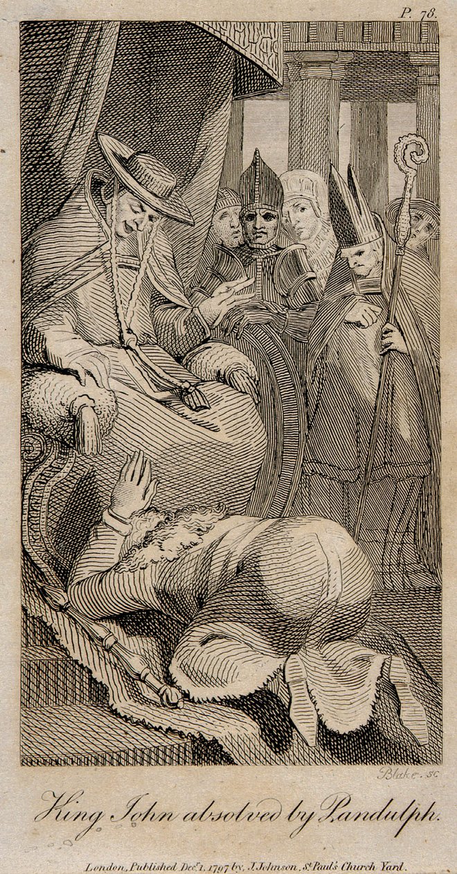 Król Jan rozgrzeszony przez Pandulpha po Henryku Fuseli, 1798 autorstwa William Blake