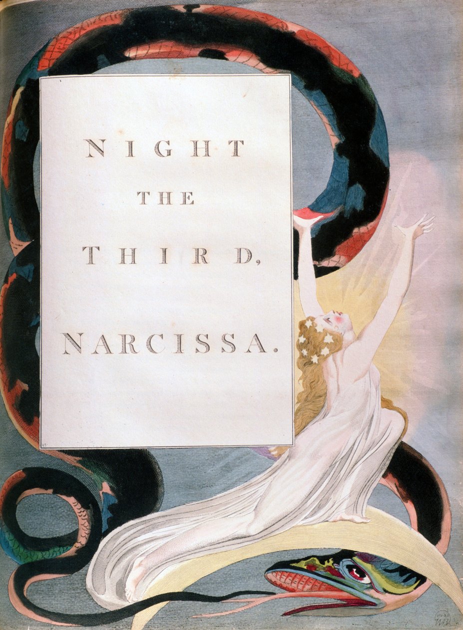 Noc Trzecia Narcyza, strona tytułowa z Nocy myśli nocnych Edwarda Youngsa, c1797 autorstwa William Blake