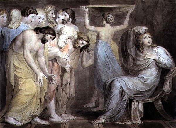 No.0456a Bracia Józefa kłaniający się przed nim, płyta 1 „Historia Józefa”, c.1785 (pióro i atrament z akwarelą na ołówku na papierze) autorstwa William Blake