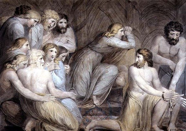No.0456b Józef nakazuje oprawić Symeona, płyta 2 „Historia Józefa”, ok. 1785 (pióro i atrament oraz akwarela na ołówku na papierze) autorstwa William Blake