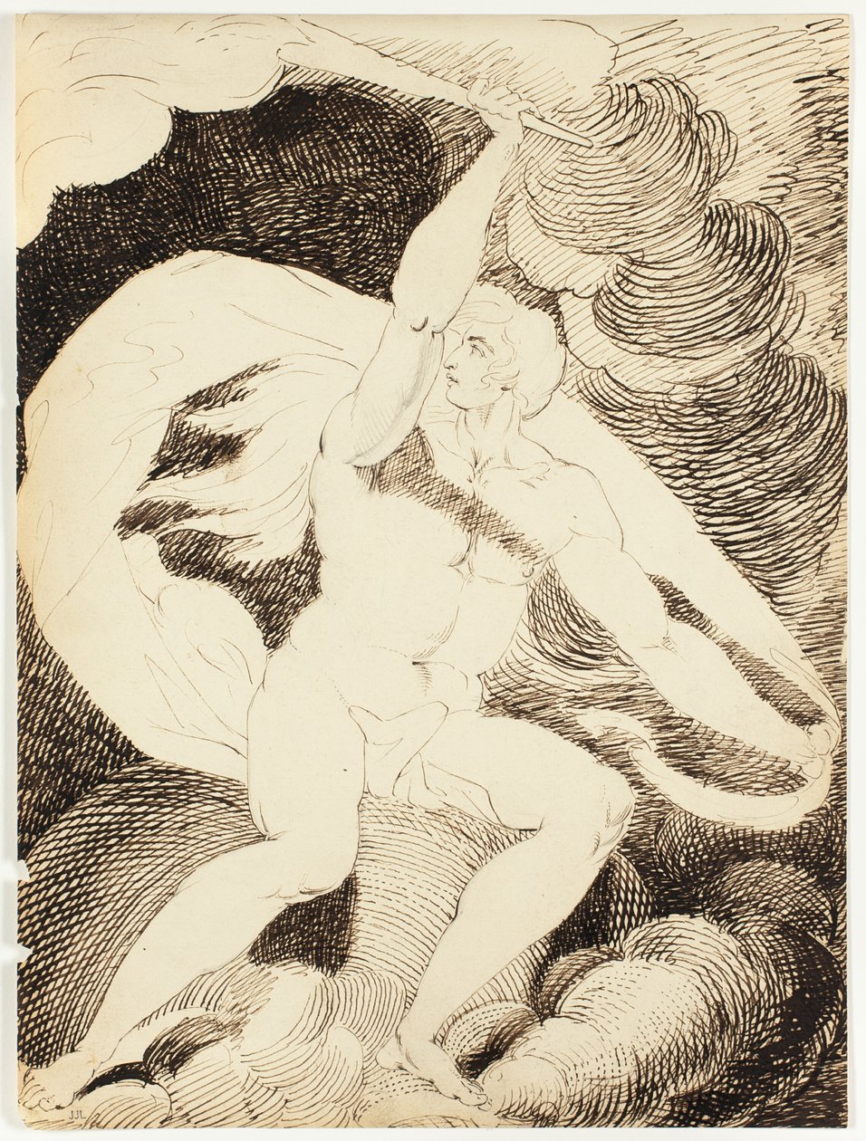 Naga postać mężczyzny z płonącą pochodnią autorstwa William Blake