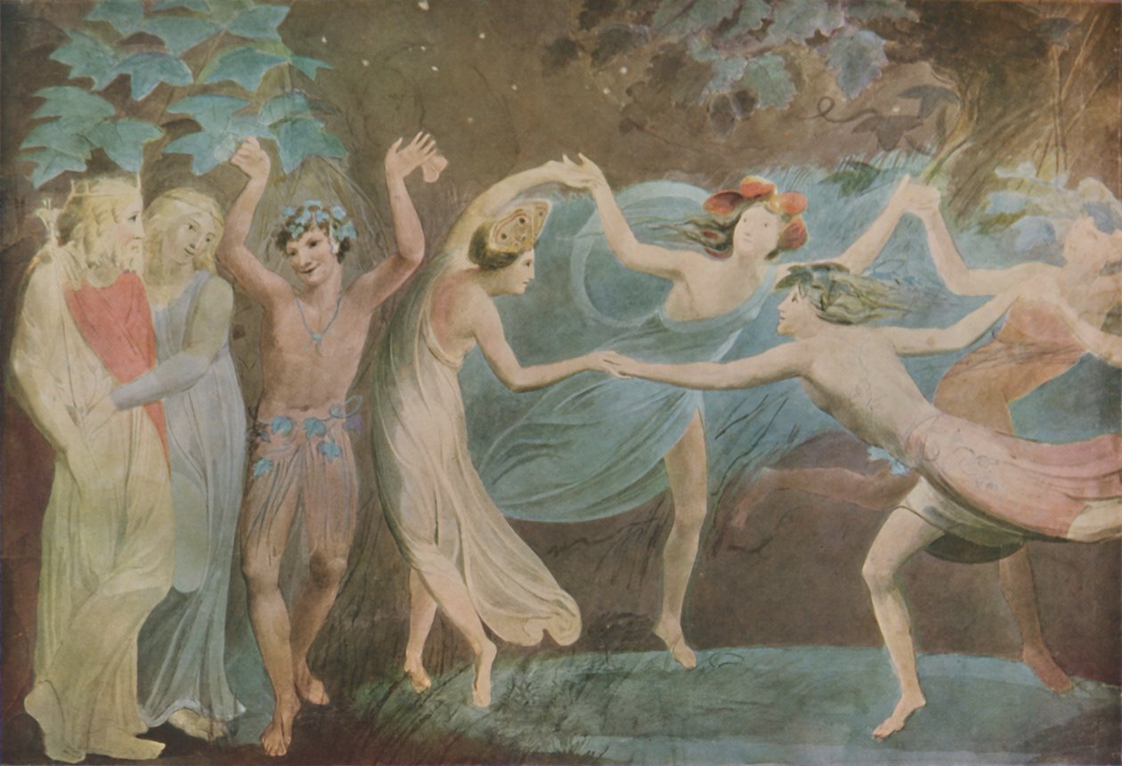Oberon, Titania i Puck z tańczącymi wróżkami, 1786 autorstwa William Blake