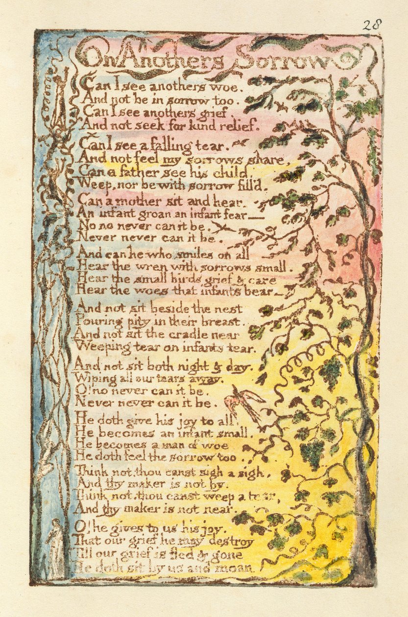 O smutku kogoś innego, ilustracja z „Pieśni o niewinności i doświadczeniu” (Bentley Copy L) pl.28 (Bentley 27) 1789-94 (akwaforta wypukła piórem i akwarela na papierze) autorstwa William Blake
