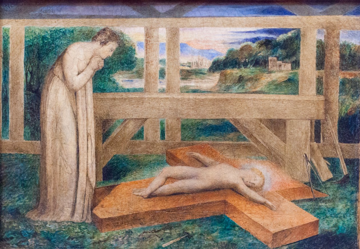 Matka Boża adorująca Dzieciątko Jezus śpiące na krzyżu, ok. 1799-1800 (tempera na płótnie) autorstwa William Blake
