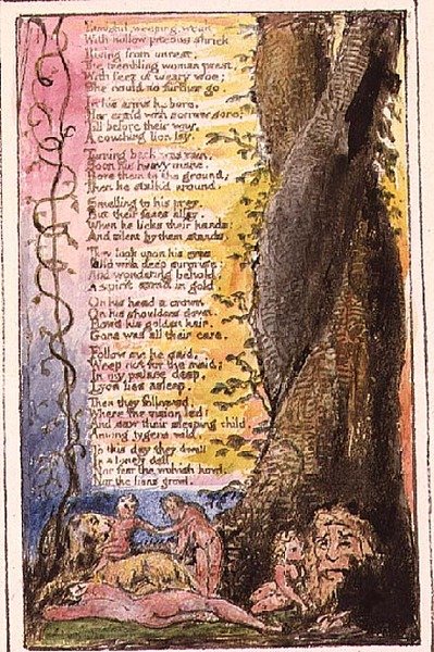P.124-1950.pt37 The Little Girl Found (cd.): płyta 37 z „Pieśni o niewinności i doświadczeniu” (kopia R) c.1802-08 (akwaforta, tusz i akwarela) autorstwa William Blake