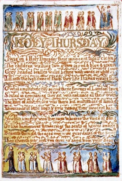 P.125-1950.pt19 Wielki Czwartek: płyta 19 z Pieśni o niewinności i doświadczeniu (kopia AA) c.1815-26 (akwaforta, tusz i akwarela) autorstwa William Blake