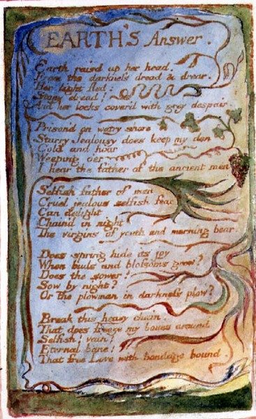 P.125-1950.pt31 Ziemska odpowiedź: płyta 31 z Pieśni o niewinności i doświadczeniu (kopia AA) c.1815-26 (akwaforta, tusz i akwarela) autorstwa William Blake