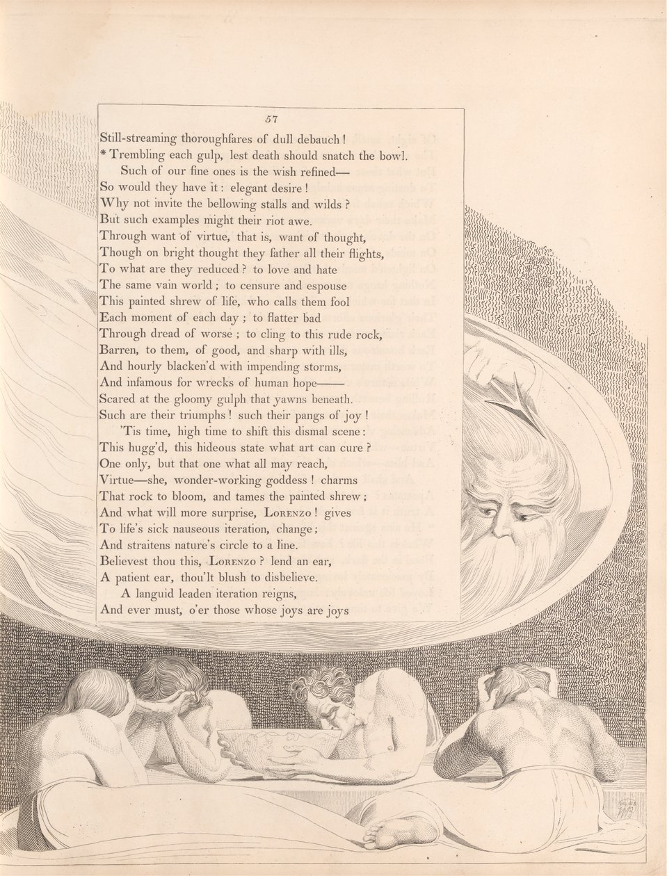 Płyta 29 (strona 57): „Drżenie przy każdym łyku, aby śmierć nie wyrwała miski” autorstwa William Blake