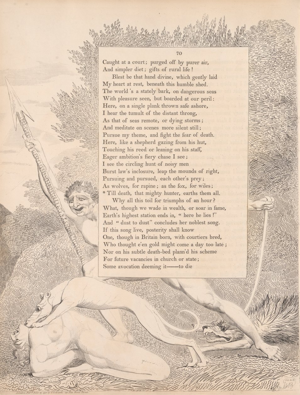 Płyta 32 (strona 70): „Do śmierci, ten potężny myśliwy, uziemia ich wszystkich” autorstwa William Blake