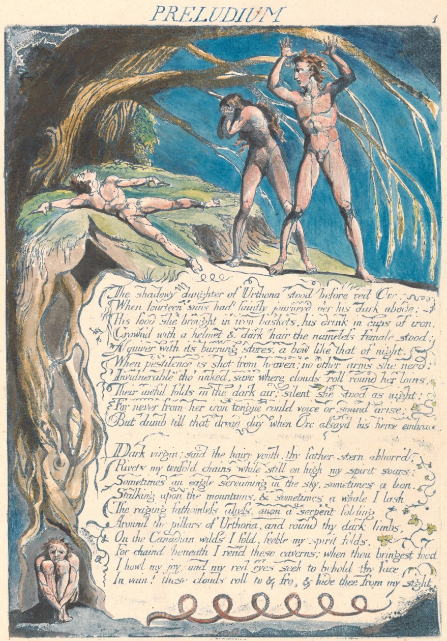 Präludium. "Die schattenhafte Tochter von Urthona stand vor dem roten Orc..." (Platte 3) autorstwa William Blake