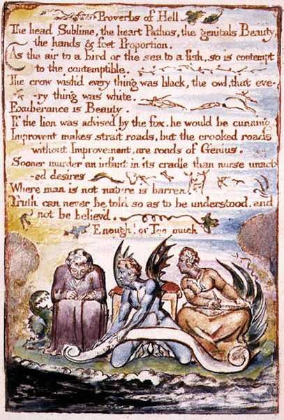 Przysłowia piekielne, ilustracja i tekst z „Wesela Nieba i Piekła”, ok. 1790-3 (akwaforta wypukła wykończona piórem i akwarelą) autorstwa William Blake