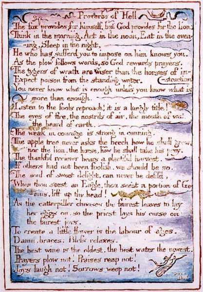 Przysłowia piekielne, tekst z „Wesela niebios i piekła”, ok. 1790-3 (akwaforta wypukła wykończona piórem i akwarelą) autorstwa William Blake