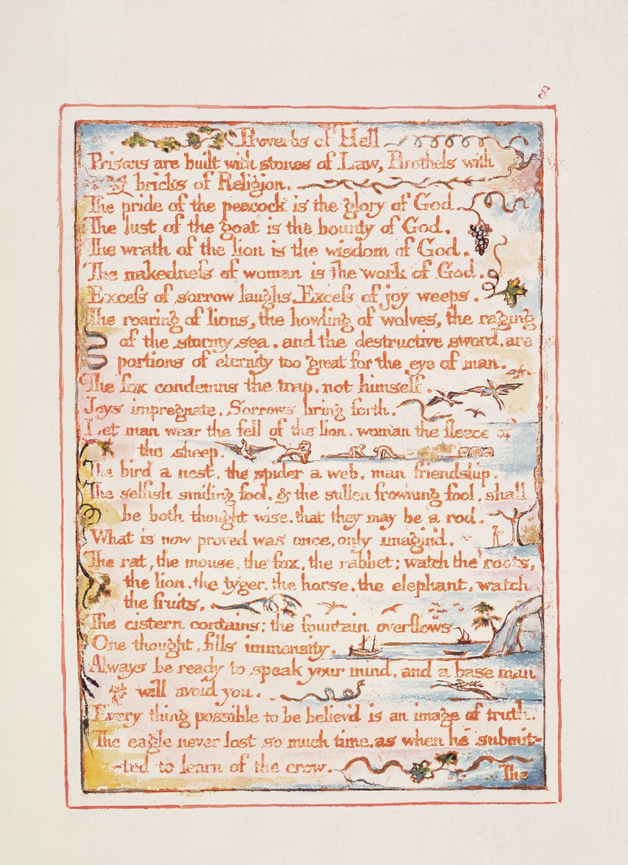Przysłowia piekielne, tekst z "Zaślubin nieba z piekłem", ok. 1790-3 (akwaforta reliefowa wykończona piórkiem i wc) autorstwa William Blake