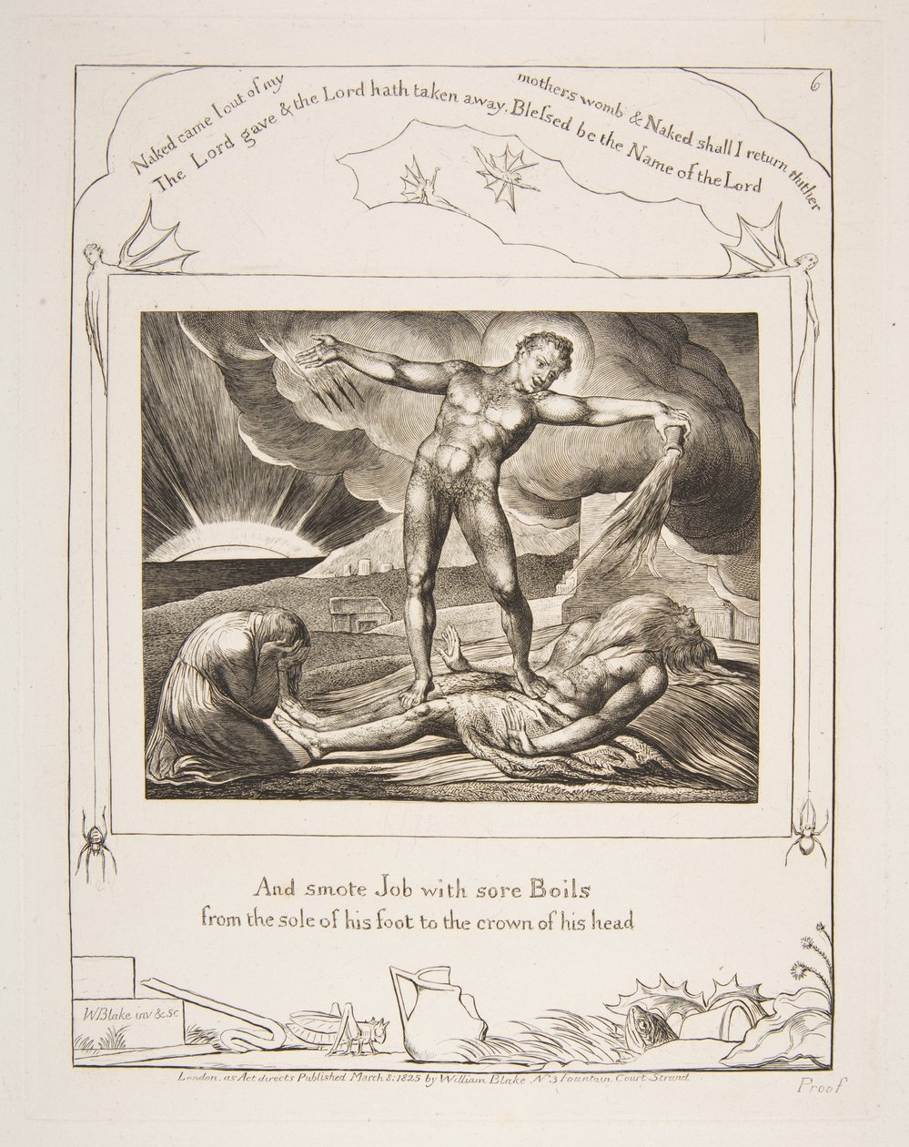 Szatan uderzający Hioba wrzodami, z ilustracji Księgi Hioba, 1825-26. autorstwa William Blake