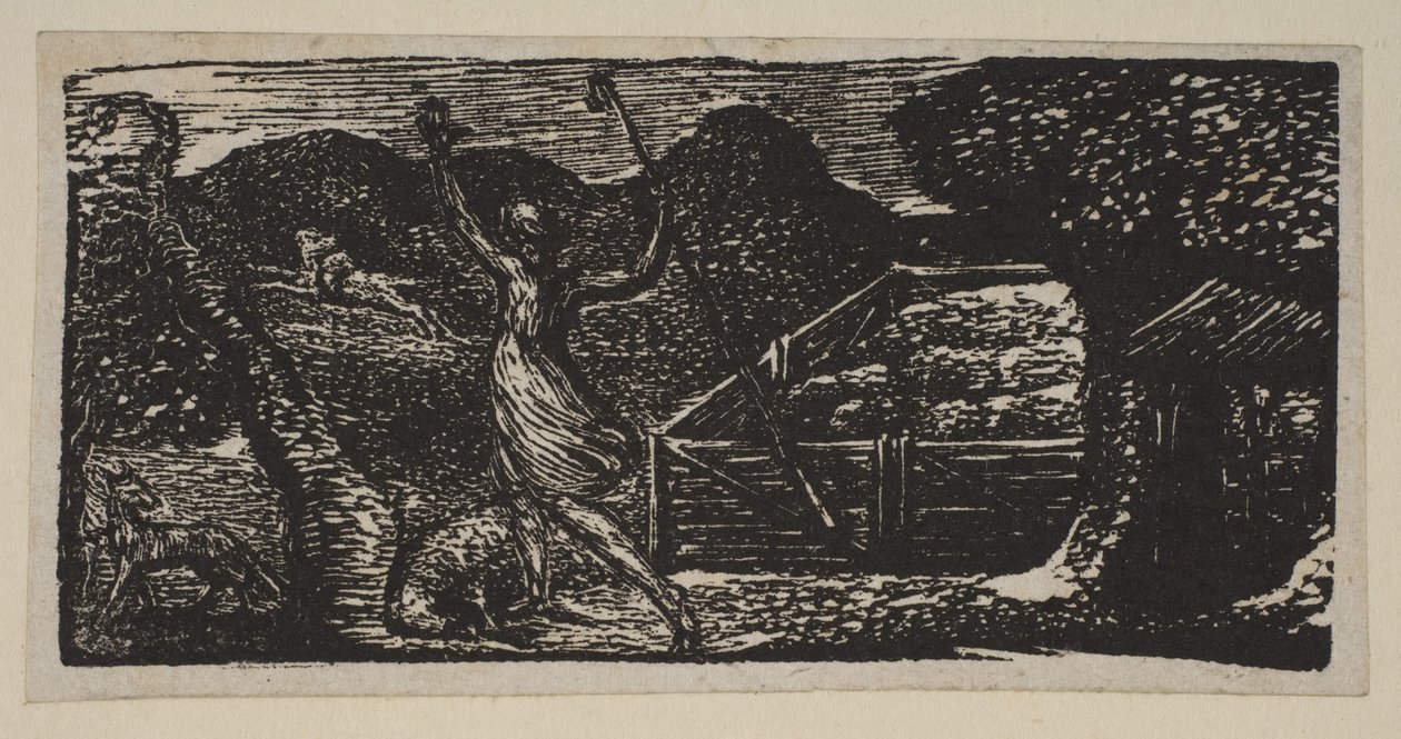 Pasterz przegania wilka z Thorntons Pastorals of Virgil, 1821. autorstwa William Blake