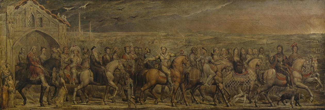 Sir Jeffrey Chaucer (ok. 1342-1400) i Dziewięciu i Dwudziestu Pielgrzymów w podróży do Canterbury (tempera na płótnie) autorstwa William Blake