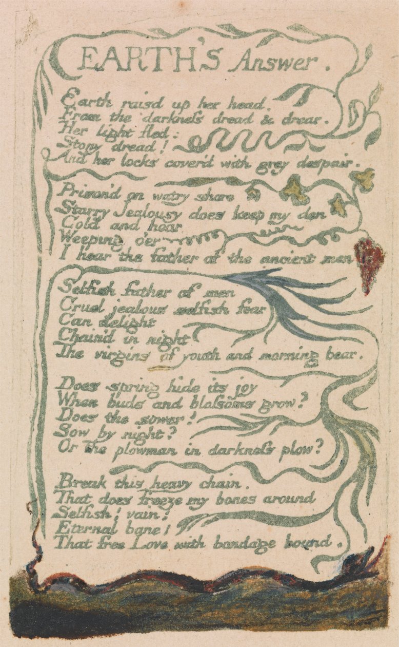 Pieśni niewinności i doświadczenia, płyta 35, „Odpowiedź Ziemi” (Bentley 31) autorstwa William Blake