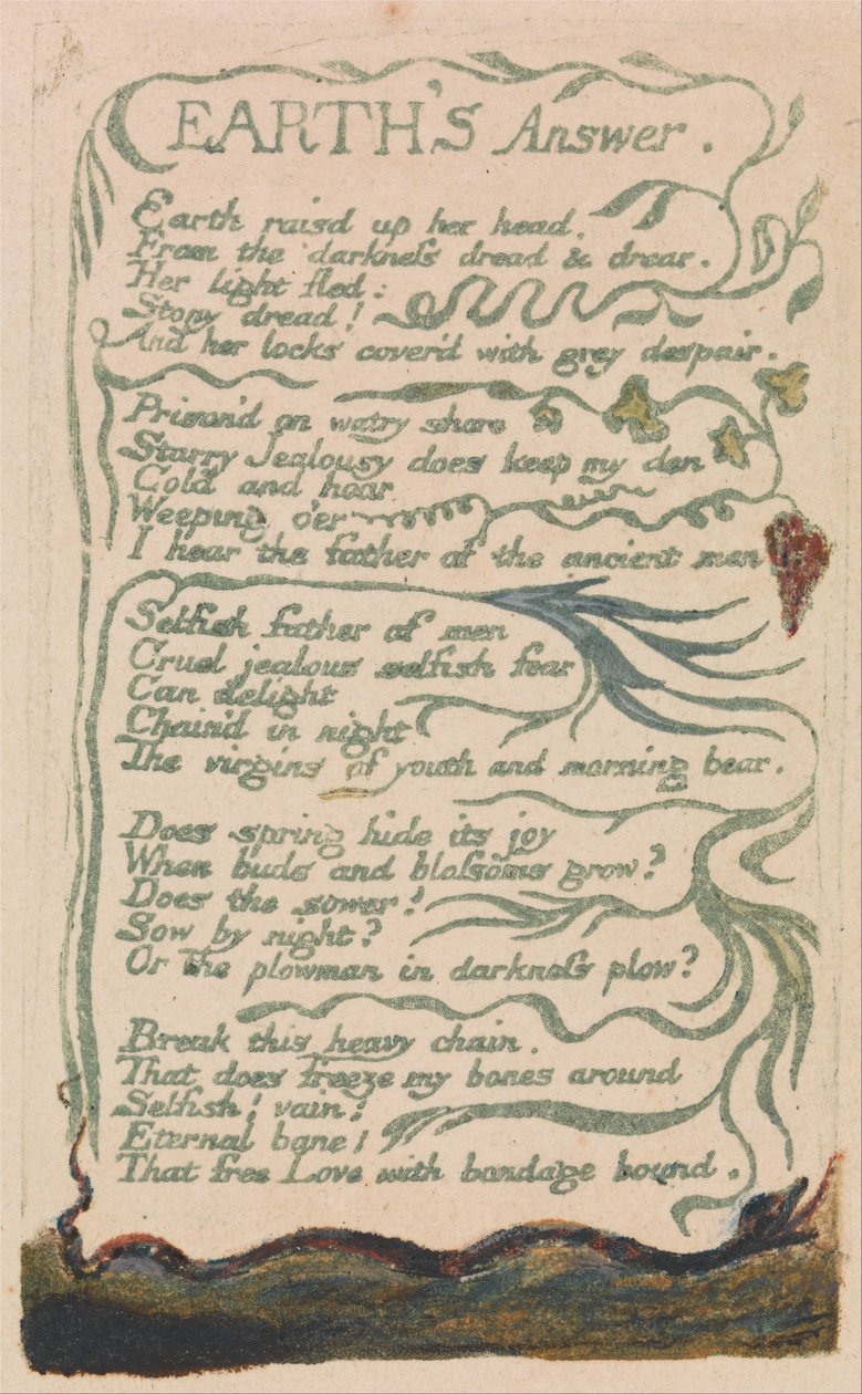 Pieśni o niewinności i doświadczeniu, płyta 35, Ziemska odpowiedź (Bentley 31) autorstwa William Blake