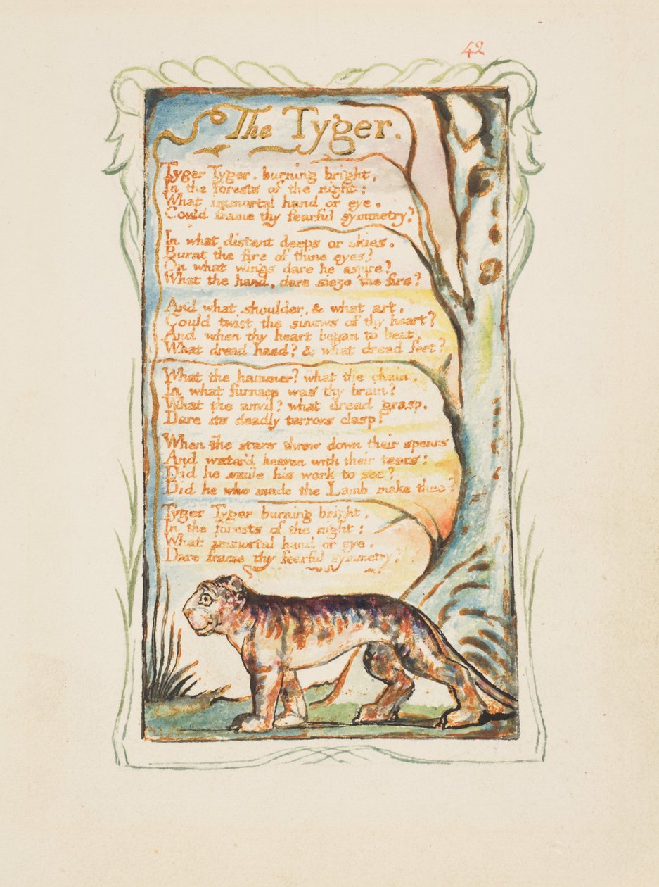 Pieśni o niewinności i doświadczeniu: Tygrys, ok. 1825 (brązowa akwaforta ręcznie malowana akwarelą) autorstwa William Blake