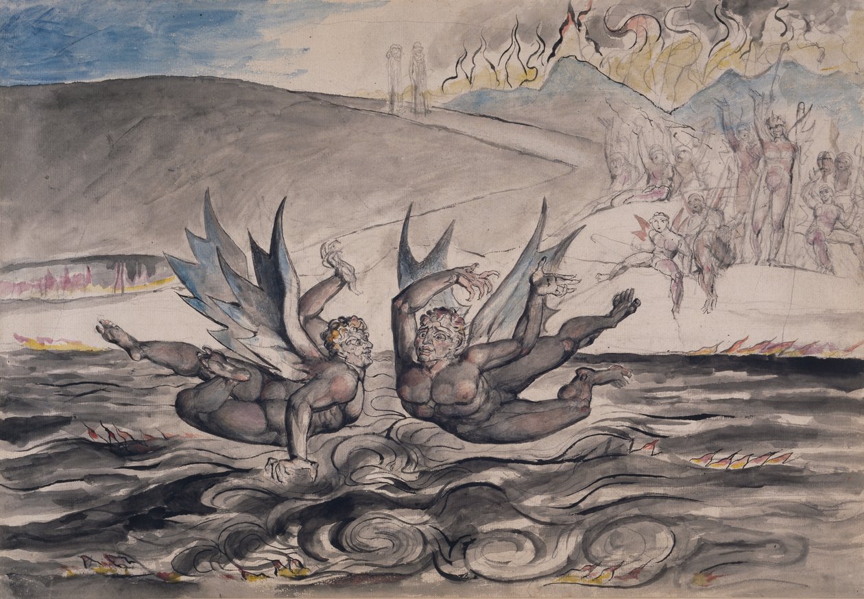 Walka zdezorientowanych diabłów, ilustracja z „Piekło” z „Boskiej komedii” Dantego Alighieri autorstwa William Blake