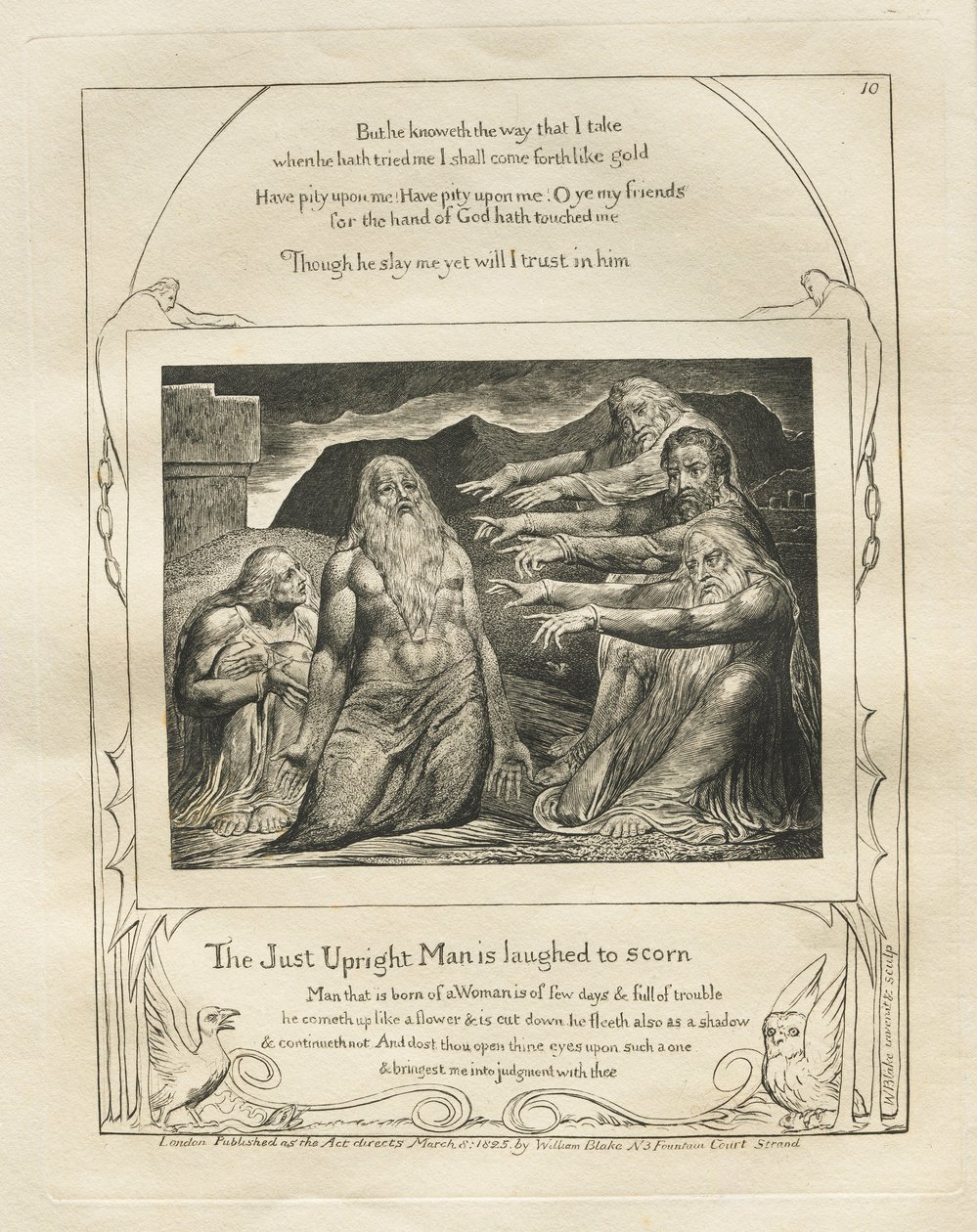 Księga Hioba: Pl. 10, Sprawiedliwy człowiek jest wyśmiewany z pogardy autorstwa William Blake
