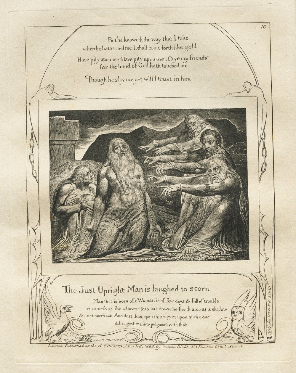 Księga Hioba: Pl. 10, Sprawiedliwy człowiek wyśmiewany z pogardy, 1825. autorstwa William Blake