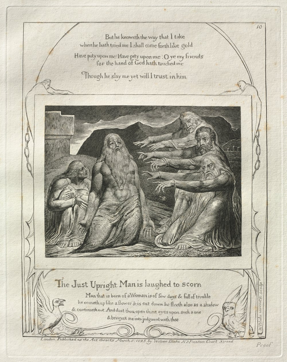 Księga Hioba: Pl. 10, Sprawiedliwy człowiek jest wyśmiewany z pogardy autorstwa William Blake