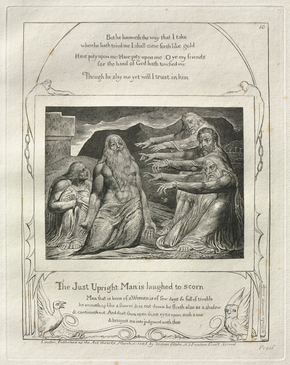 Księga Hioba: Pl. 10, Sprawiedliwy człowiek jest wyśmiewany z pogardy, 1825. autorstwa William Blake